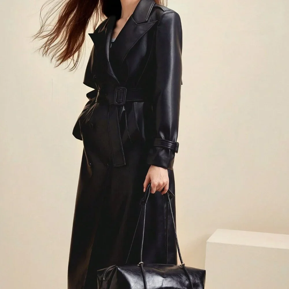 Black Elegant Women's faux Leather Jacket Trench Coat Casual Outerwear - Picture 7 of 7